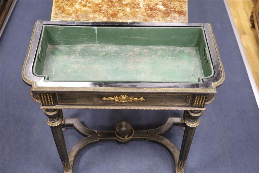 A 19th century French ebonised marble top jardiniere table, width 88cm, depth 48cm, height 86cm